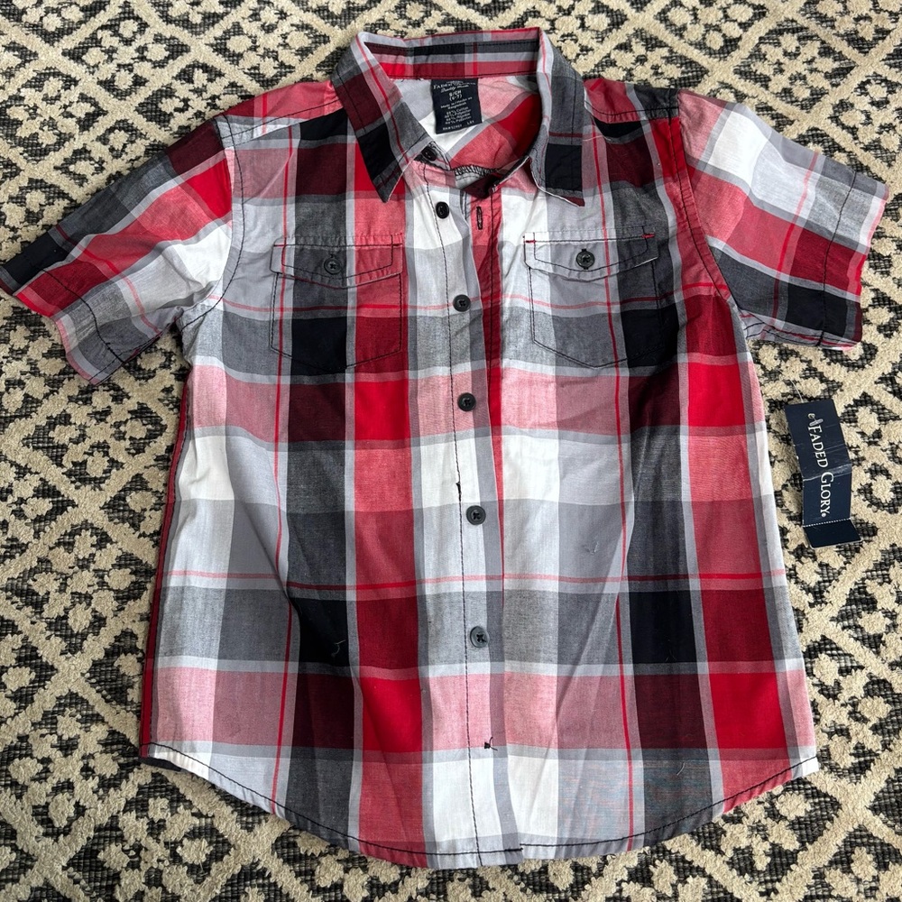 Faded Glory Kids Plaid Button Down Shirt - Red, Black, and White